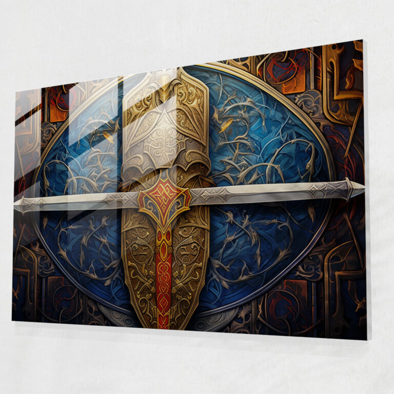Medieval Knight's Sword And Shield Glass Print - Medieval, Modern Art, Medieval Weaponry, Glass Art