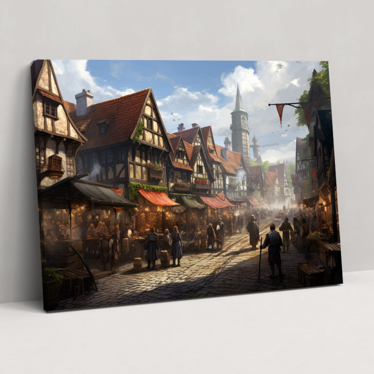 Medieval Wall Art - Bustling Village - Medieval, Merchants, Medieval Village, Medieval