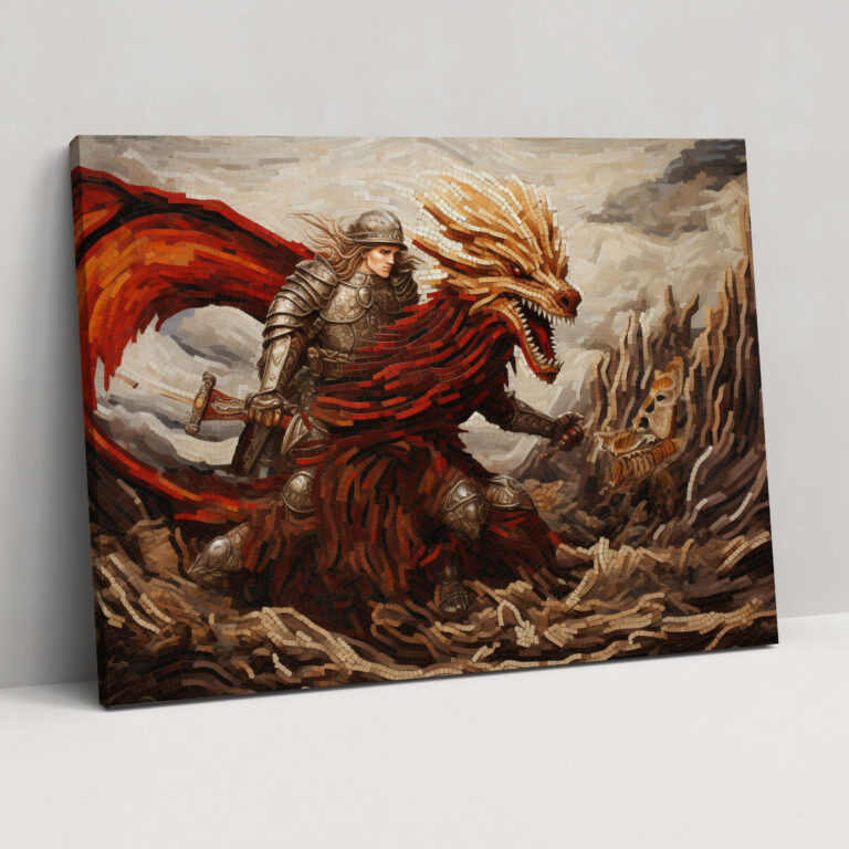 Medieval Knight Vs Dragon Wall Art - Medieval, Mosaic Artwork, Canvas, Canvas Print