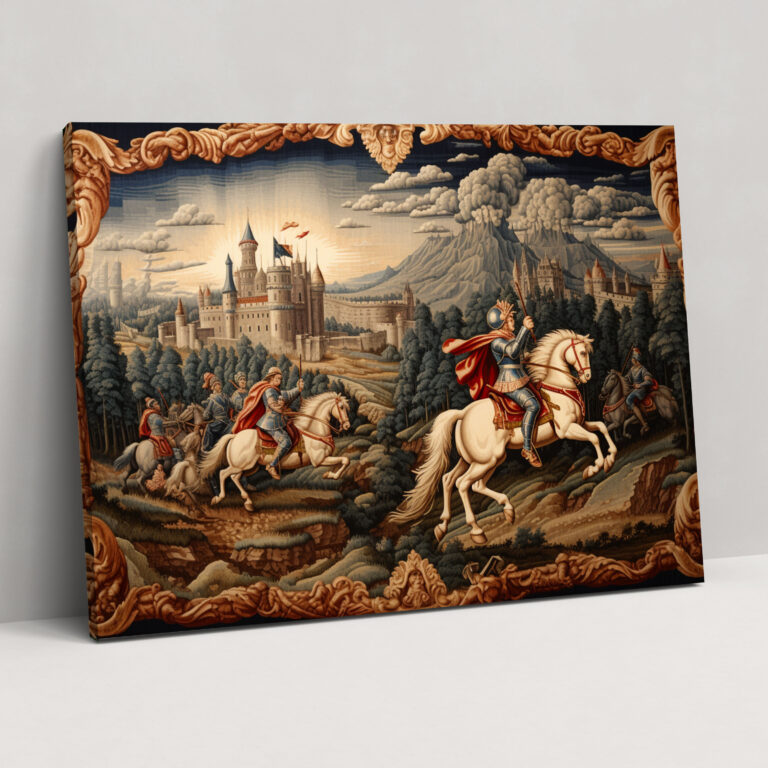 Medieval Wall Art: Tapestry-Like Battle Scene Canvas Print - Medieval, Medieval Battle Scene, Historical Grandeur, Home Decoration