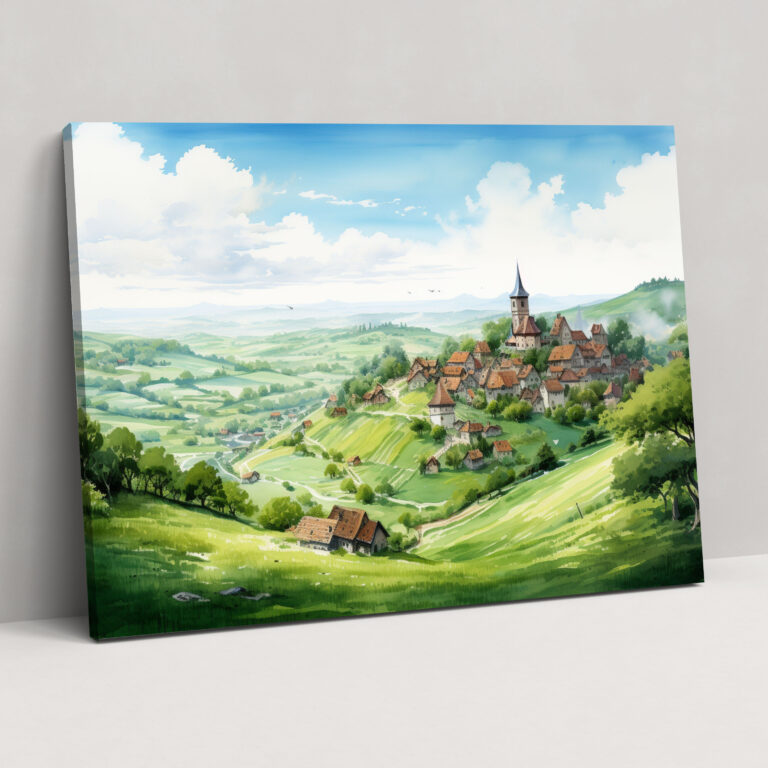 Medieval Village Watercolor Wall Art - Medieval, Home Decoration, Canvas Print, Medieval