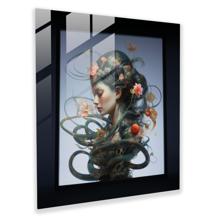 Medusa Glass Print - Contemporary Profile Intertwined With Symbolic Snakes And Flowers - Medusa, Glass Art, Home Decoration, Glass Wall Art