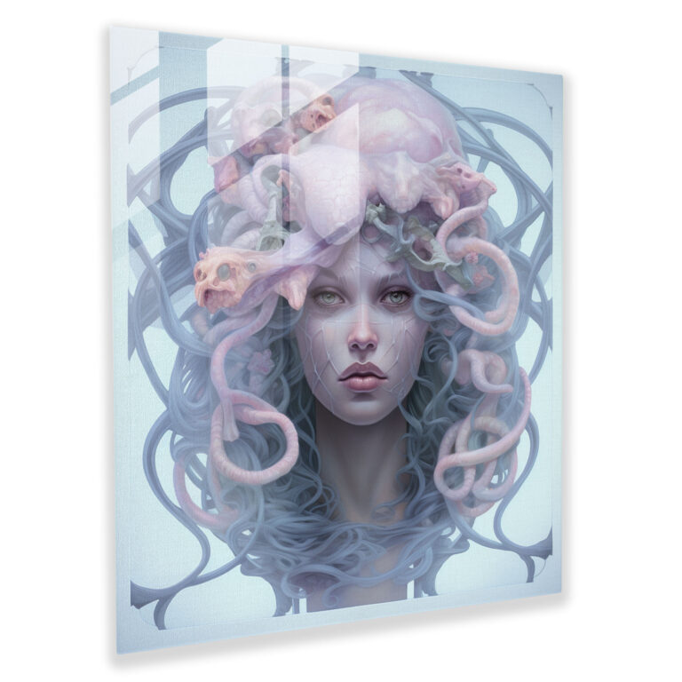 Medusa Glass Print - Ethereal Portrayal In Mystical Environment With Soft Pastel Hues - Medusa, Mystical Environment, Soft Pastel Hues, Glass Print