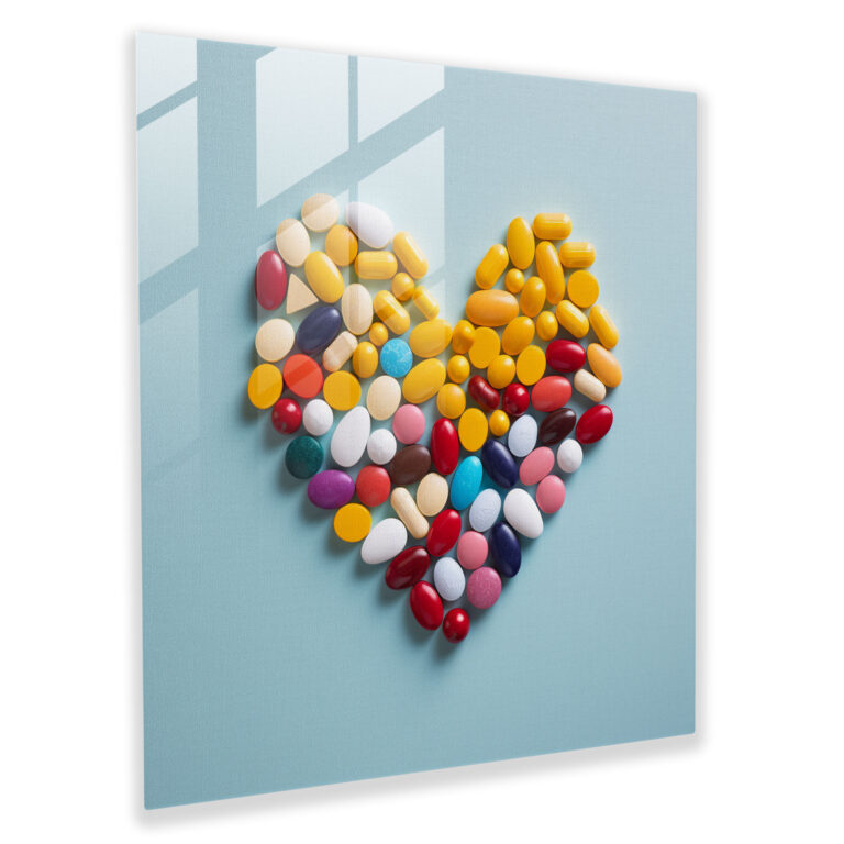 Medicine Heart Glass Print - Medicine, Colorful Pills, Glass Wall Art, Photograph