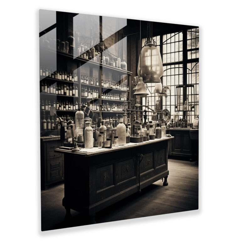 Medicine Nostalgia Glass Print - Medicine, Home Decoration, Vintage Atmosphere, Pharmacist's Laboratory