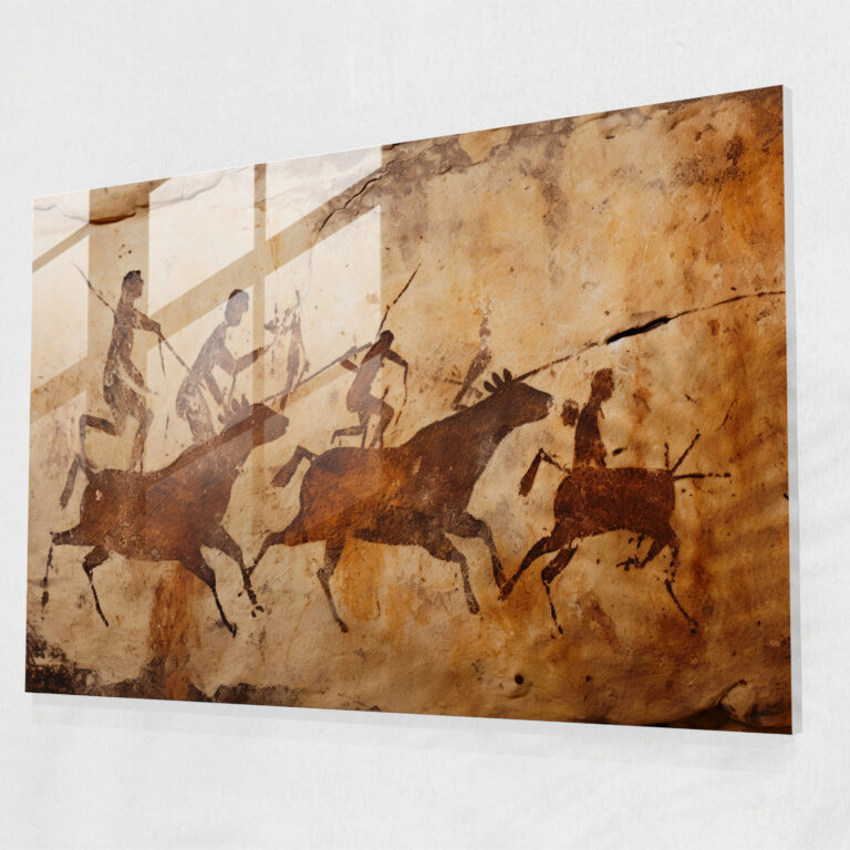 Mesolithic Glass Print - Cave Painting - Mesolithic, Wall Decoration, Glass Art, Hunters
