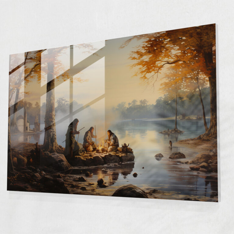 Serene Mesolithic Lakeside Glass Wall Art - Mesolithic, Glass Wall Art, Family, Lakeside Scene