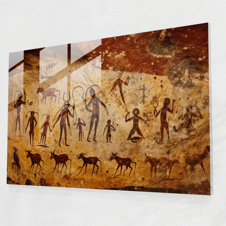Primitive Mesolithic Cave Painting Home Decoration - Mesolithic, Glass Print, Mesolithic, Animals