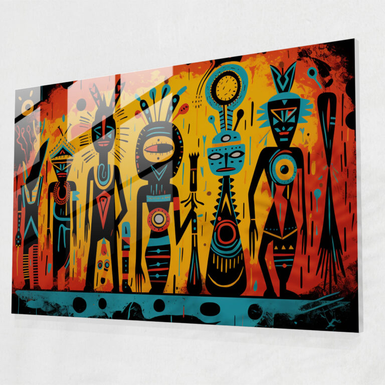 Mesolithic Glass Wall Art: Pop Art Illustration - Mesolithic, Vibrant, Figures, Glass Art