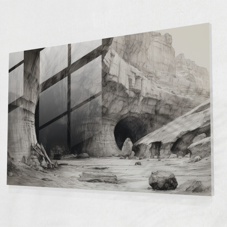 Mysterious Paleolithic Cave Glass Print - Mesolithic, Paleolithic, Glass Print, Charcoal Sketch