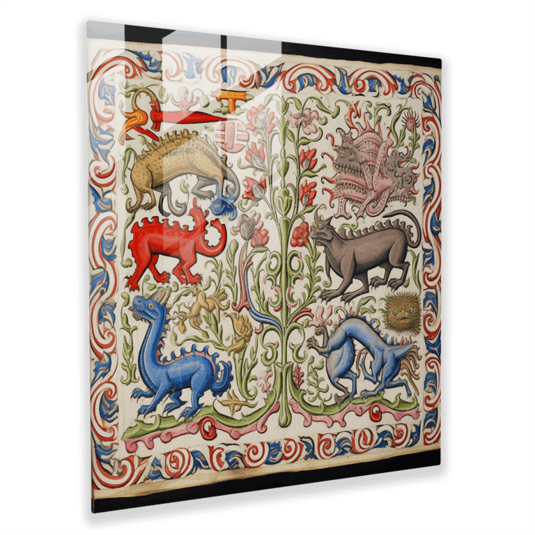 Ornate Medieval Manuscript Glass Print - Border Design with Mythical Creatures