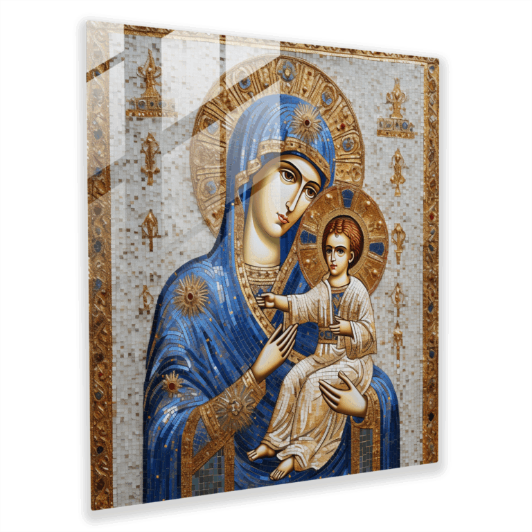Exquisite Byzantine Mosaic Glass Print - Religious Icon of Virgin Mary and Baby Jesus