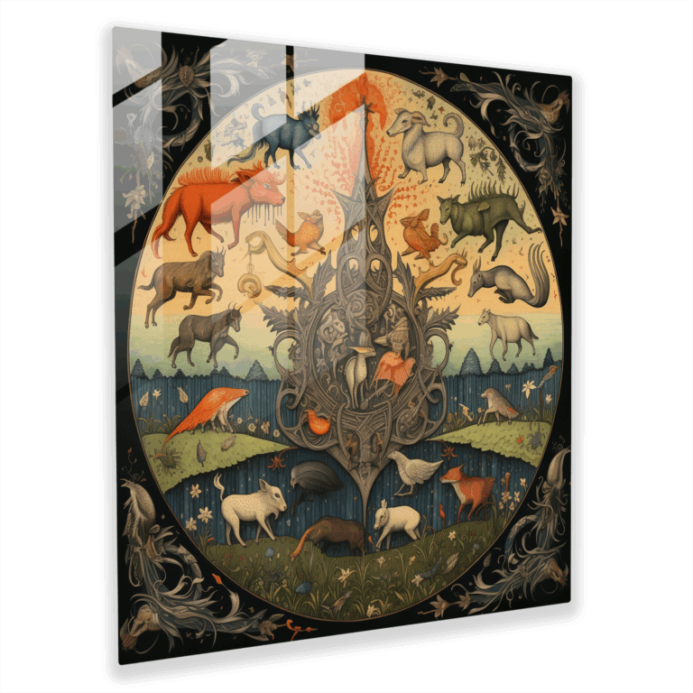 Captivating Medieval Bestiary Glass Print - Illustration of Mythical Creatures in Natural Habitats