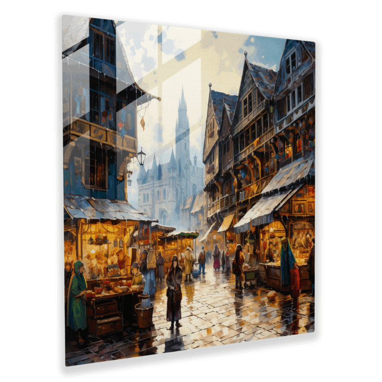 Vibrant Glass Print - Medieval Market Square - Wall Decoration Glass Art