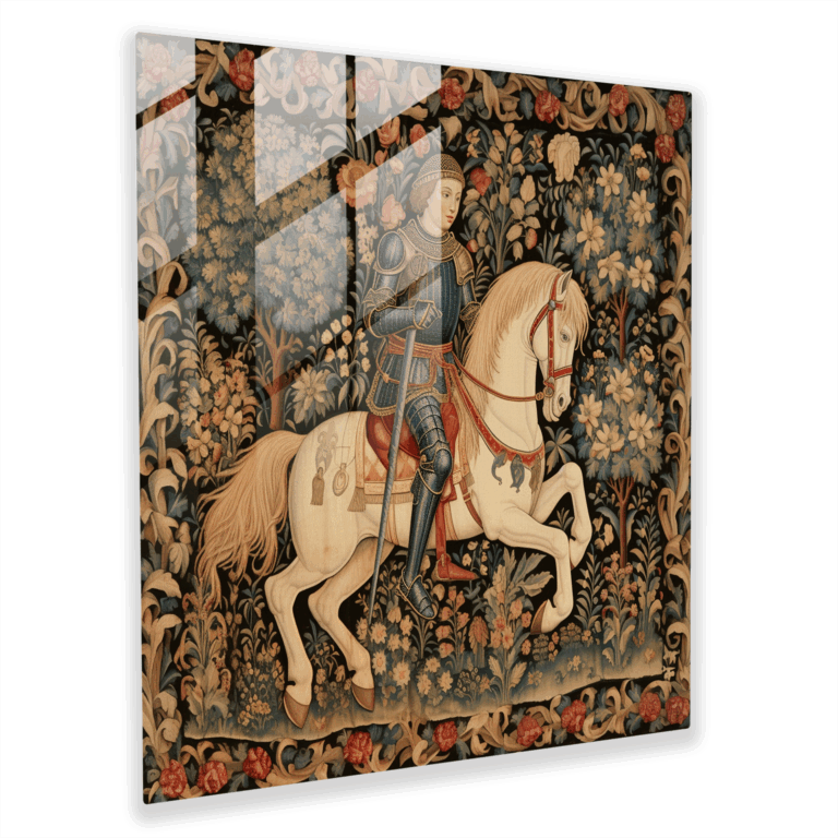 Knight's Valor: Medieval Tapestry Glass Print - Heroic Knight Wall Art