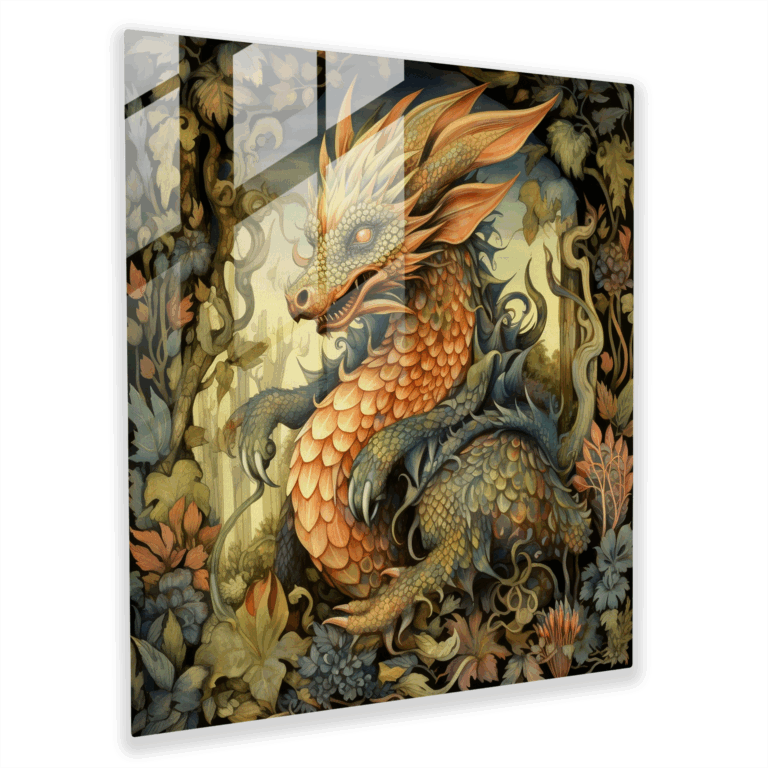 Mystical Encounter: Medieval Bestiary Glass Print - Mythical Dragon Wall Art