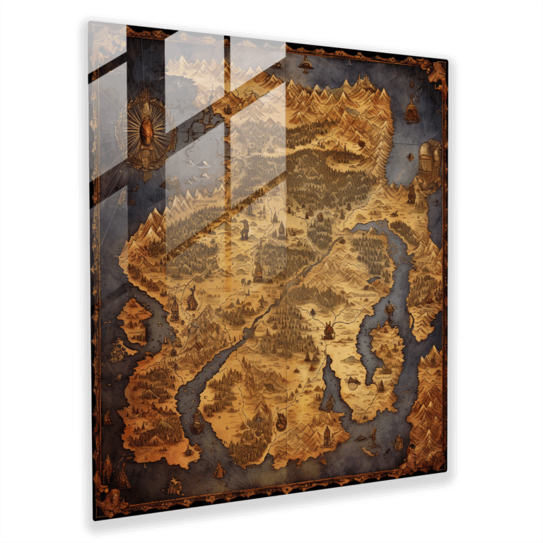 Cartographer's Quest: Medieval Map Glass Print - Intricate World Wall Art