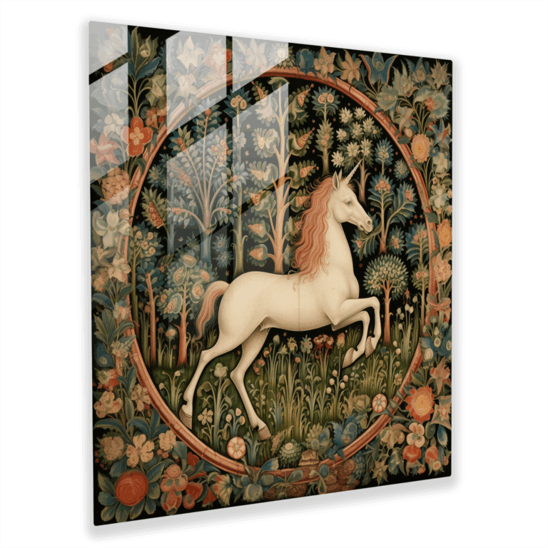Enchanted Fables: Medieval Manuscript Glass Print - Mythical Unicorn Wall Art