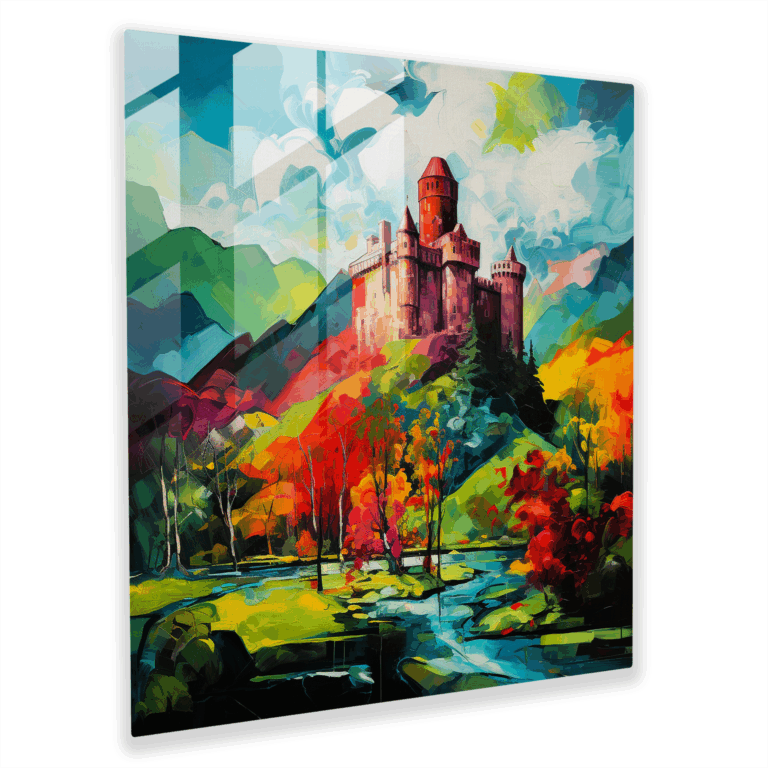 Opulent Glass Print - Medieval Castle Artwork with Vibrant Colors - Modern Wall Decoration