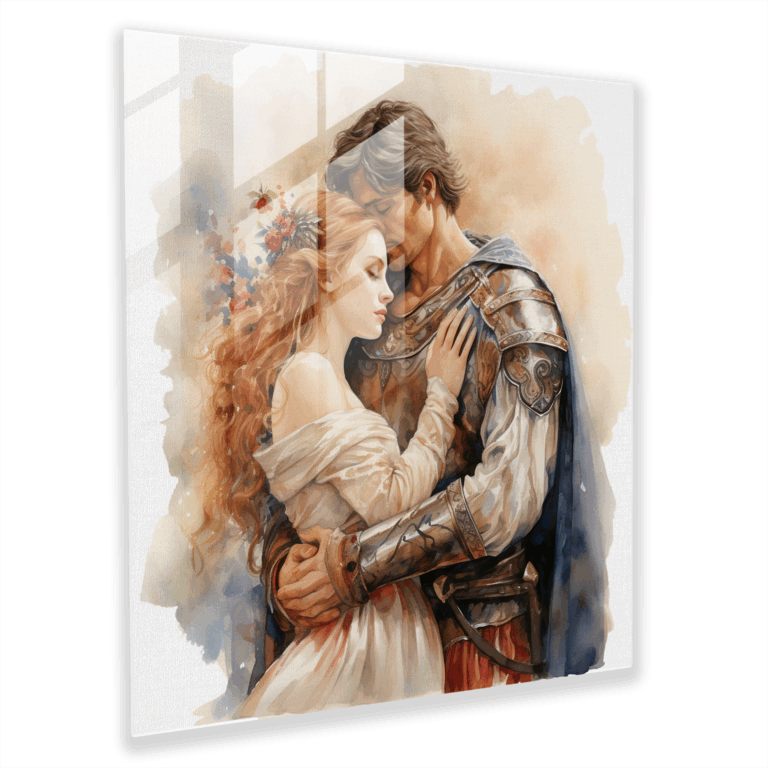 Serenade Glass Print - Knight and Princess Watercolor Artwork - Home Decor