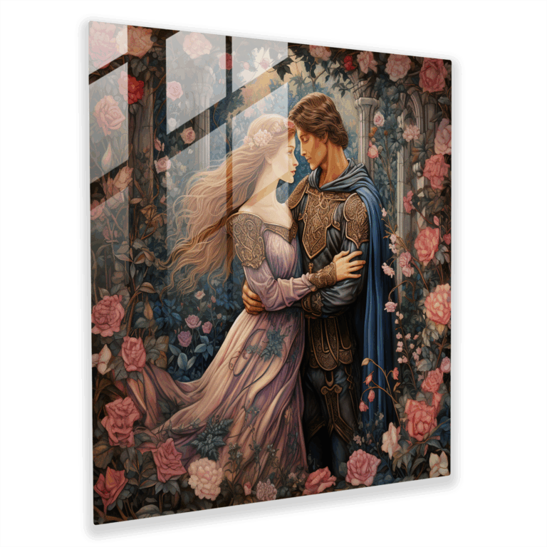 Romantic Glass Print - Medieval Tapestry Knight and Lady Artwork - Wall Decoration