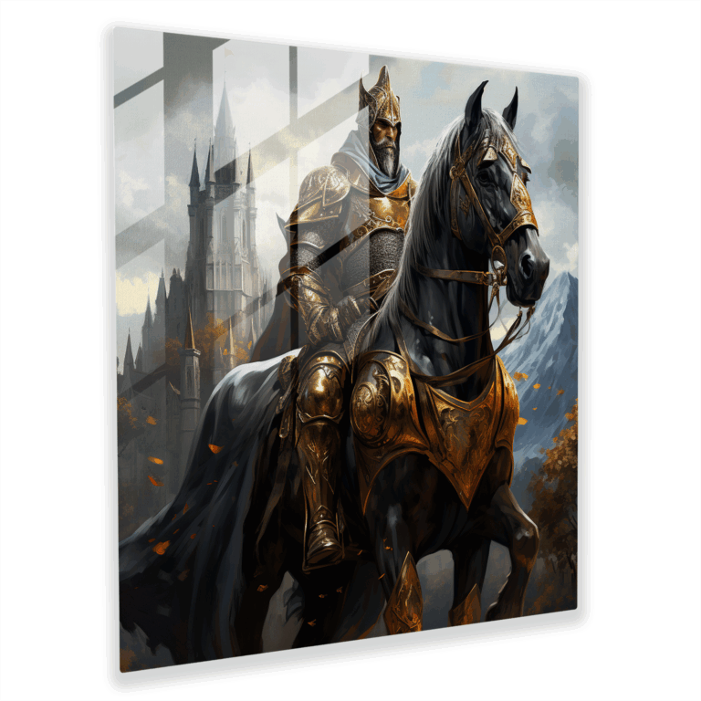 Noble Steed: Glass Print of a Majestic Knight on Horseback