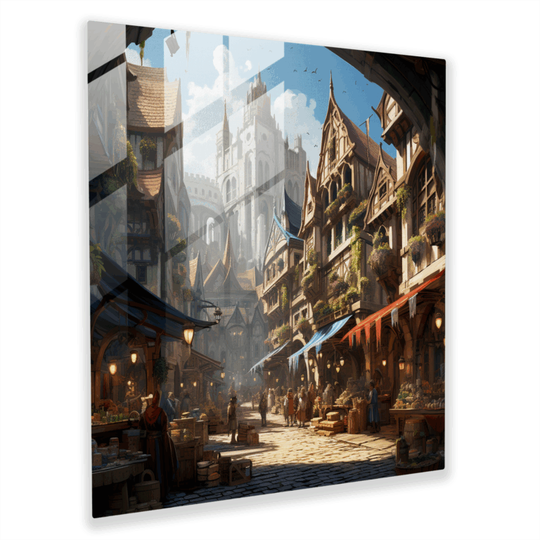 Vibrant Treasures: Glass Print of a Lively Medieval Marketplace