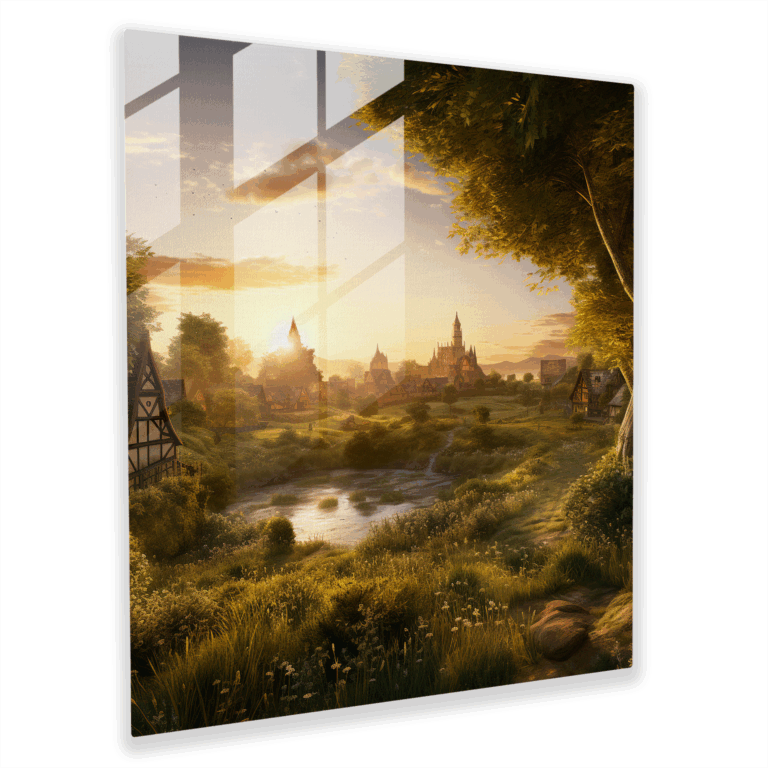 Golden Serenity: Glass Print of a Tranquil Medieval Countryside