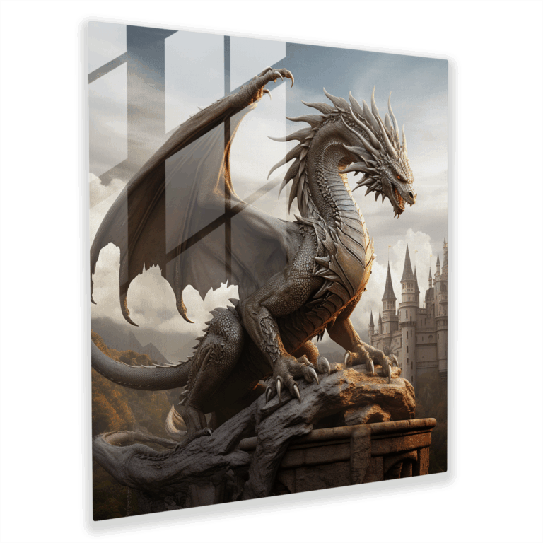 Mystic Protector: Glass Print of a Mighty Dragon at a Castle's Gate