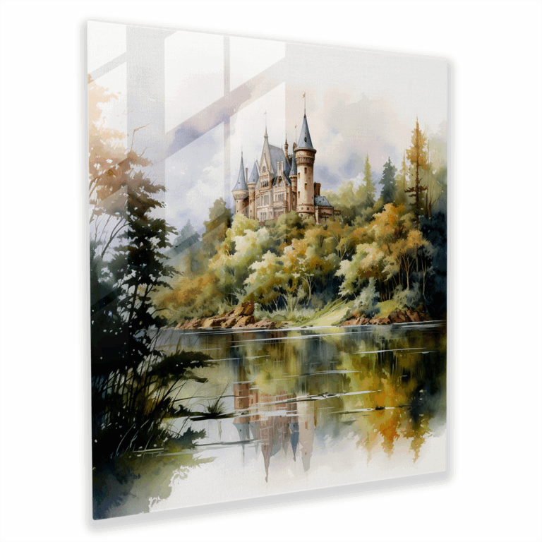 Enchanting Watercolor Glass Print - Majestic Castle in Nature's Embrace - Home Decoration, Glass Wall Art, Modern Artwork