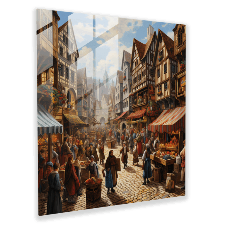 Vibrant Oil Painting Glass Print - Medieval Market Extravaganza - Home Decoration, Glass Wall Art, Wall Decor, Glass Print