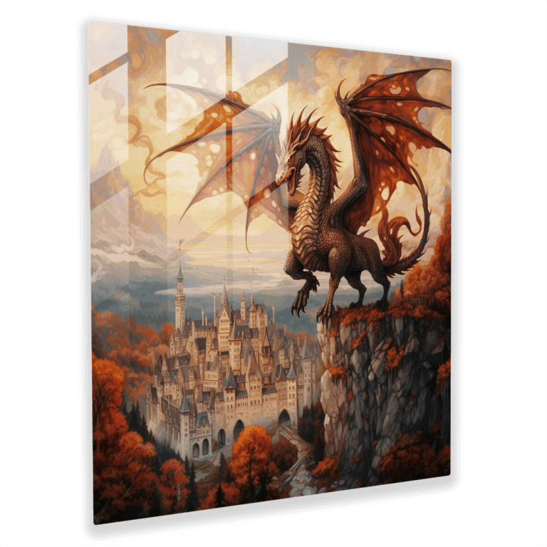 Mythical Dragon Tapestry Glass Print - Majestic Medieval Landscape - Home Decoration, Glass Wall Art, Wall Decor, Glass Print
