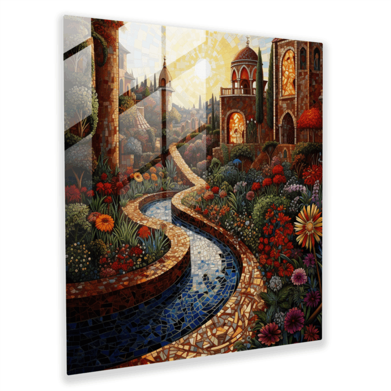 Medieval Garden Mosaic Glass Print - Blooming Oasis of Tranquility - Home Decoration, Glass Wall Art, Wall Decoration, Glass Art