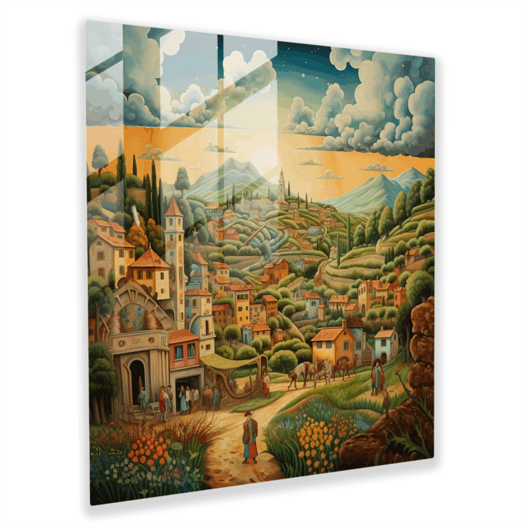 Enchanting Fresco Glass Print - Medieval Village in the Rolling Hills - Home Decoration, Glass Wall Art, Modern Artwork