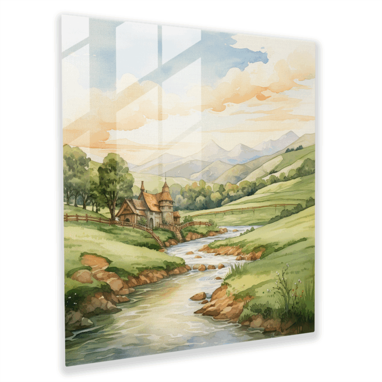 Rustic Glass Print: Watercolor Medieval Countryside
