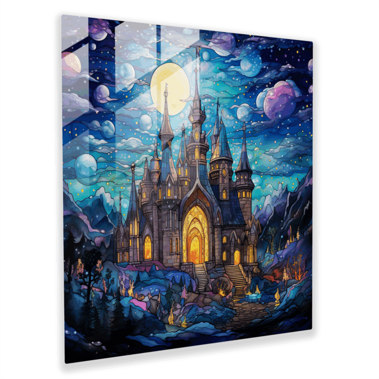 Chagall-inspired Glass Print of a Mystical Medieval Castle
