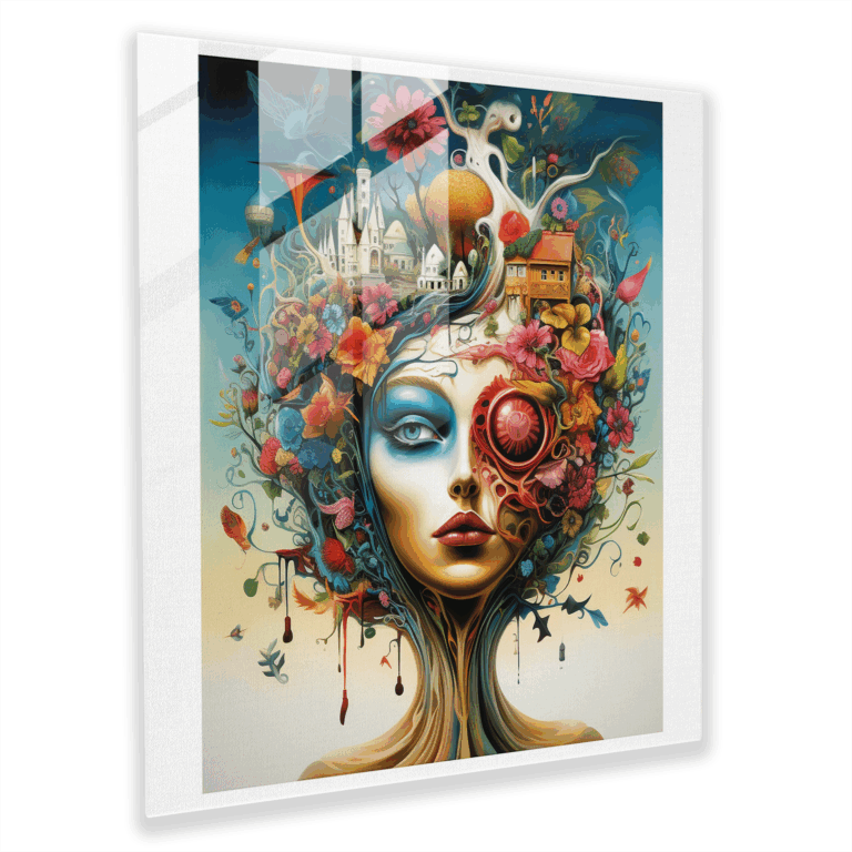 Dali-inspired Glass Print of a Serene Medieval Garden