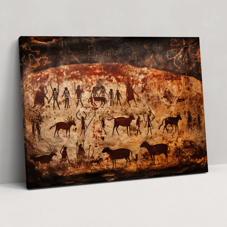 Mesolithic Canvas Print - Traditional Cave Painting Wall Art - Mesolithic, Cave Painting, Canvas Wall Art, Hunters