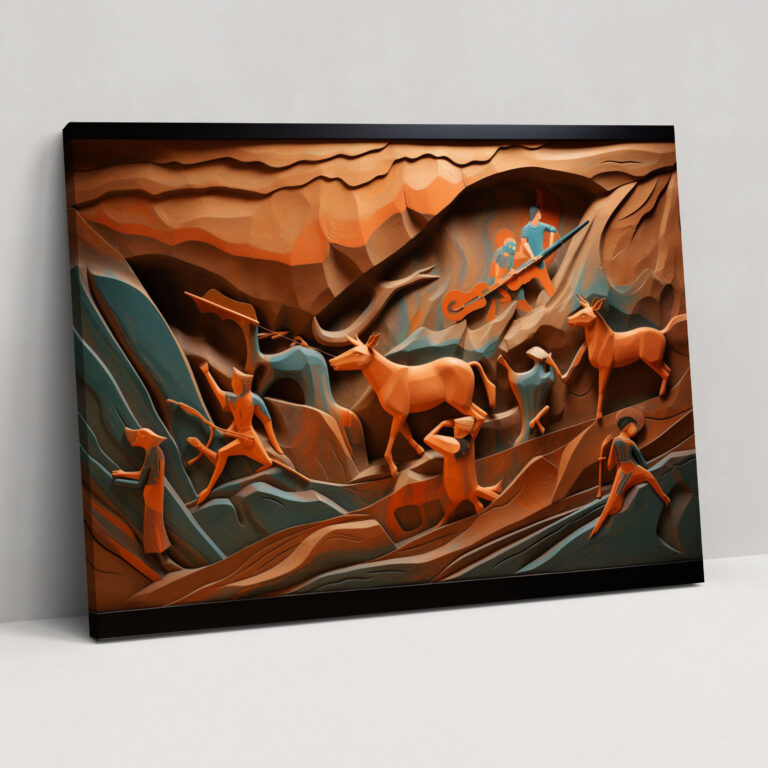 Paleolithic Rock Carving Canvas Print - Mesolithic, Home Decoration, Hunting Scene, Stylized Rock Carving