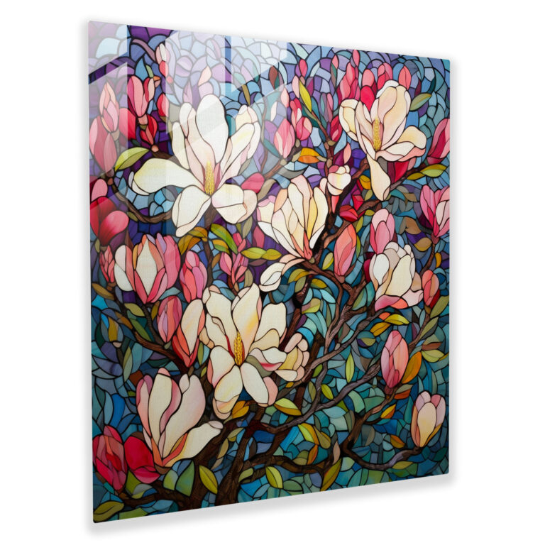 Magnolia Glass Print - Colorful Mosaic - Magnolia, Glass Wall Art, Vibrant Magnolia Blossoms, Home Decoration