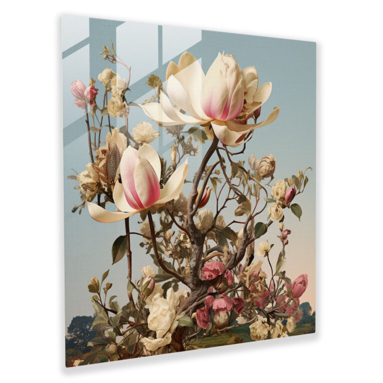 Magnolia Glass Print - Digital Collage Modern Art - Magnolia, Blooming, Magnolia, Digital Collage