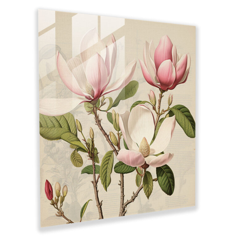 Magnolia Glass Print - Vintage Botanical Wall Decor - Magnolia, Timeless Beauty, Home Decoration, Glass Print