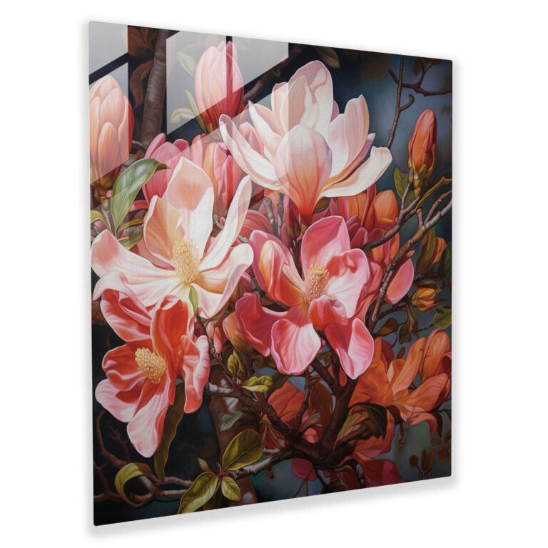 Magnolia Elegance Glass Print - Magnolia, Nature, Oil Painting, Home Decoration