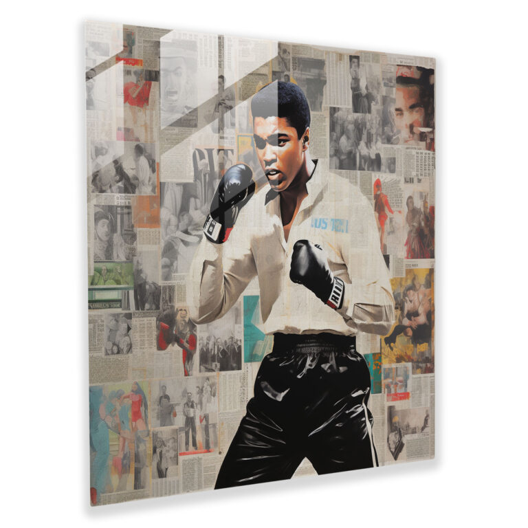 Muhammad Ali Newspaper Collage Glass Print - Muhammad Ali, Newspaper Collage, Modern Art, Glass Art