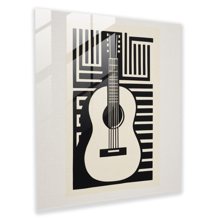 Minimalistic Glass Print - Linocut Print of Single Guitar on Blank Canvas - Glass Wall Art