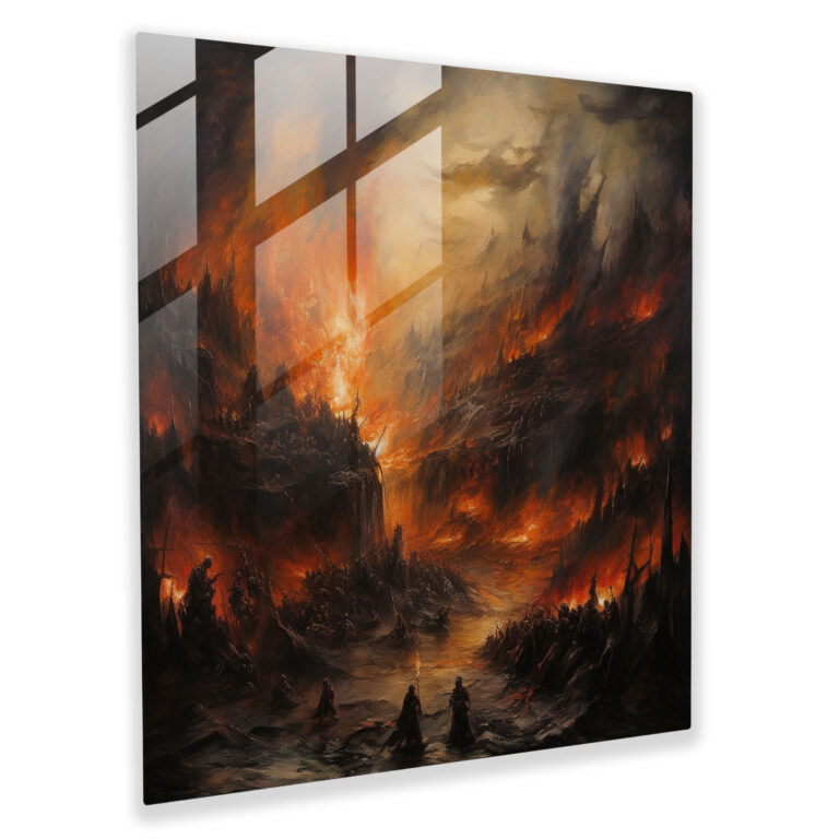 Middle Earth Glass Print - Fiery Battle - Middle Earth, Glass Wall Art, Expressionist Painting, Glass Print