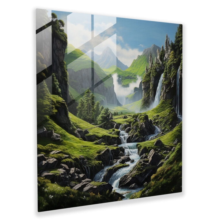 Middle Earth Waterfall Glass Print - Middle Earth, Glass Print, Modern Art, Lush Green Valley