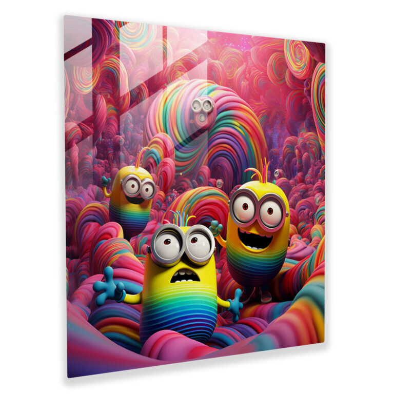 Abstract Glass Print - Minions In Swirling Rainbow Background - Minions, Home Decoration, Abstract, Surrealism