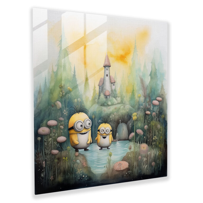 Watercolor Glass Print - Dreamy Minions Landscape - Minions, Home Decoration, Glass Print, Glass Wall Art