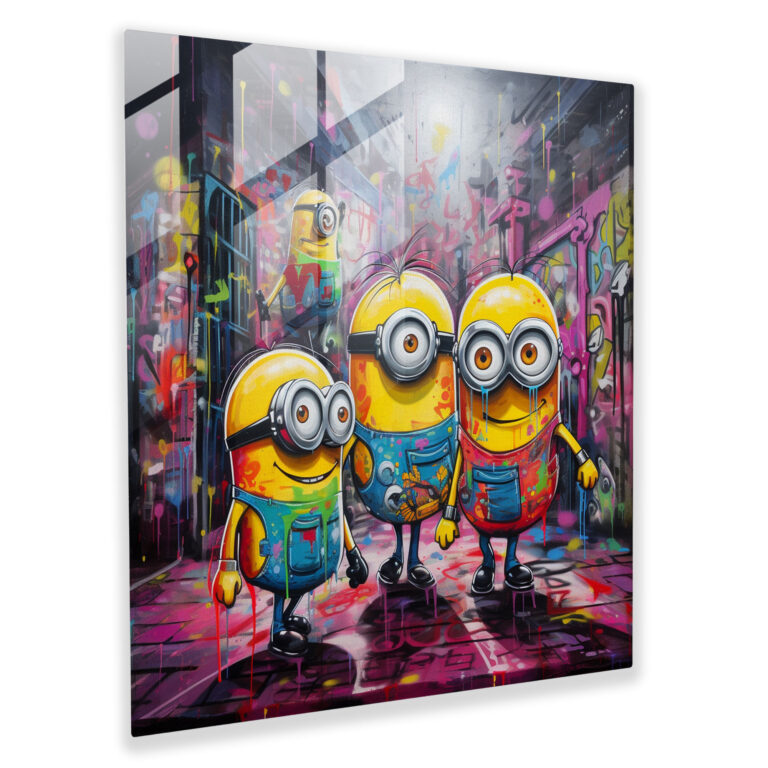 Graffiti Glass Print - Minions In Urban Setting - Minions, Graffiti Style, Wall Decoration, Modern Art